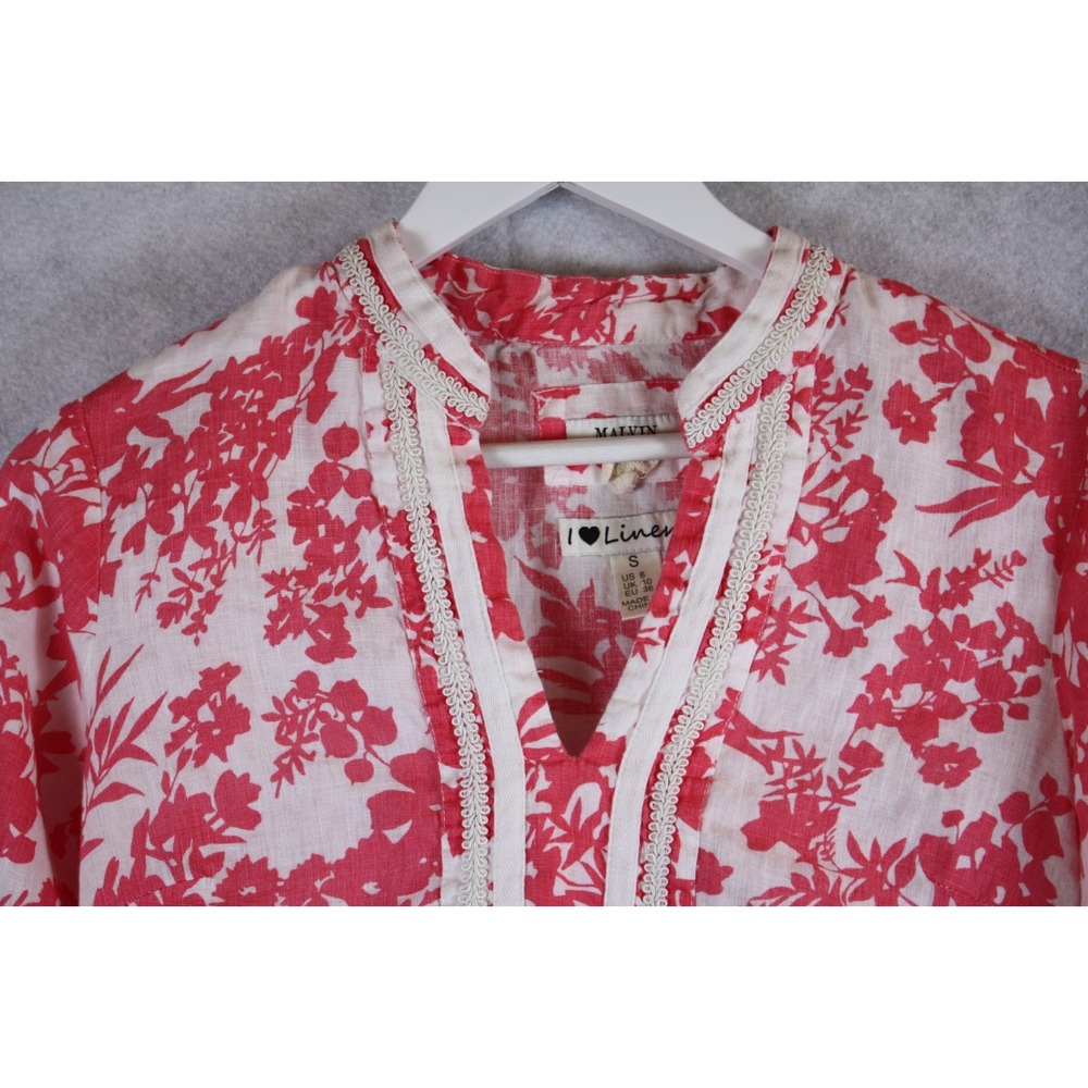Malvin I Love Linen Blouse Womens Size Small Pink White Mandarin Trim Detail Top - Picture 5 of 15